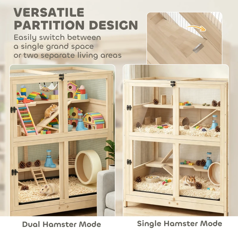 PawHut Wooden Hamster Cage, 4 Tier Small Animal Cage with Mesh Flip Roof, Pull-Out Tray, Huts, Seesaws, Ramps and Water Bottles