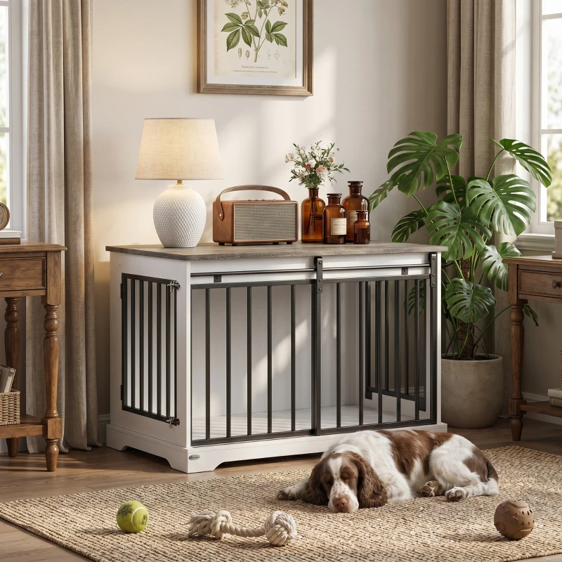 PawHut 100 cm Dog Crate Furniture with Sliding Barn Door for Large Breeds, White