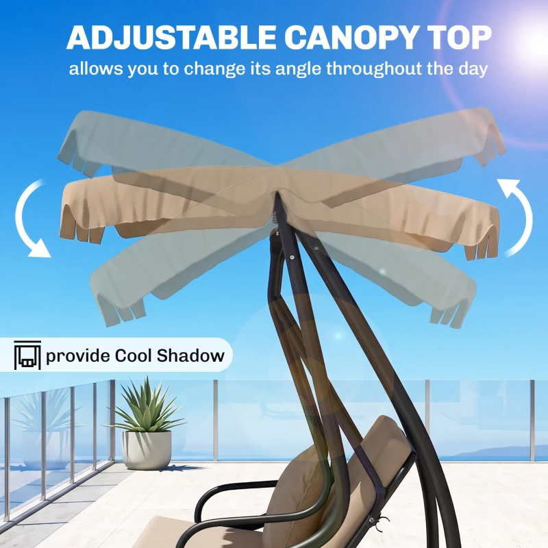 Outsunny 3-Seat Outdoor Patio Swing Chair, 2-in-1 Convertible Flat Bed, Canopy Swing with Adjustable Shade, Removable Cushions, Cup Holder, Light Brown