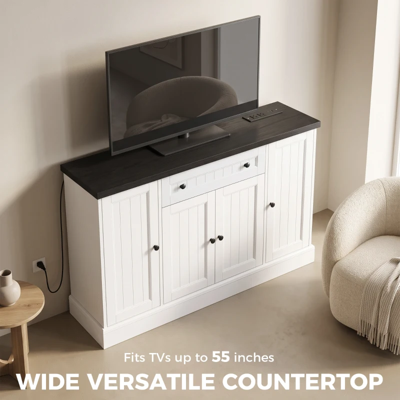 HOMCOM 47" Farmhouse Sideboard Buffet Cabinet with Charging Station, Coffee Bar Cabinet with 3 Adjustable Shelves, White