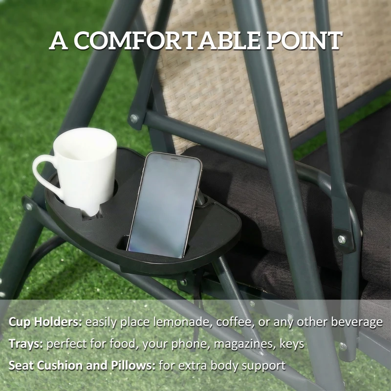 Outsunny Outdoor 3-Seat Porch Swing with Canopy, Rattan Seat, Removable Cushion, Pillows and Steel Frame