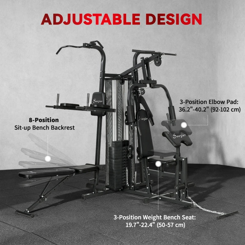 Soozier All-in-One Multi Home Gym Machine Workout Station with Weight Stack and Pulley System for Full Body Training, Black