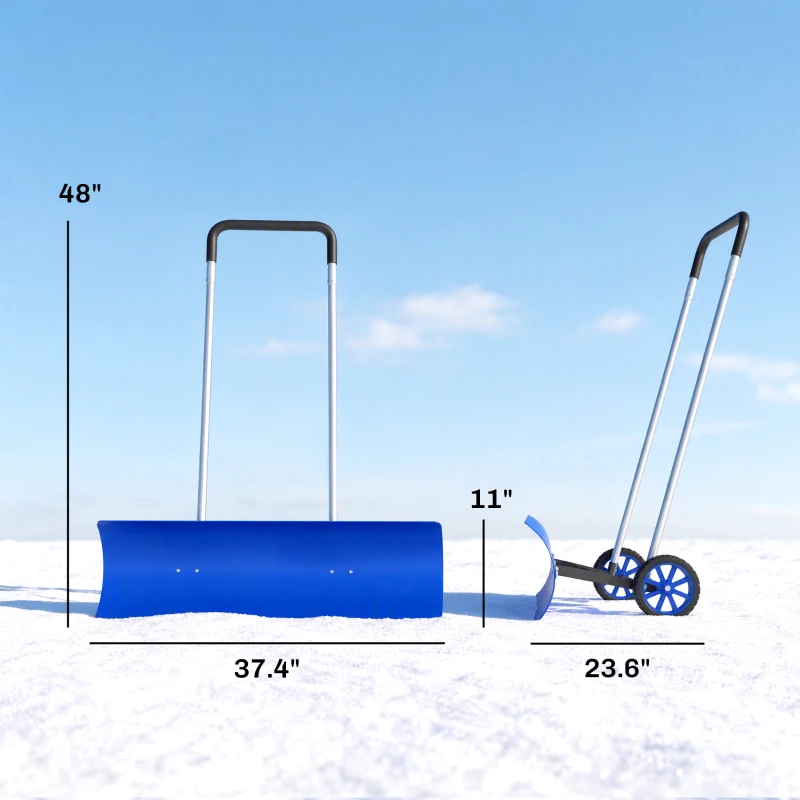 Outsunny 37-Inch Extra Wide Snow Shovel with Wheels, Heavy Duty Aluminum Snow Pusher with Ergonomic Adjustable Handle, Blue