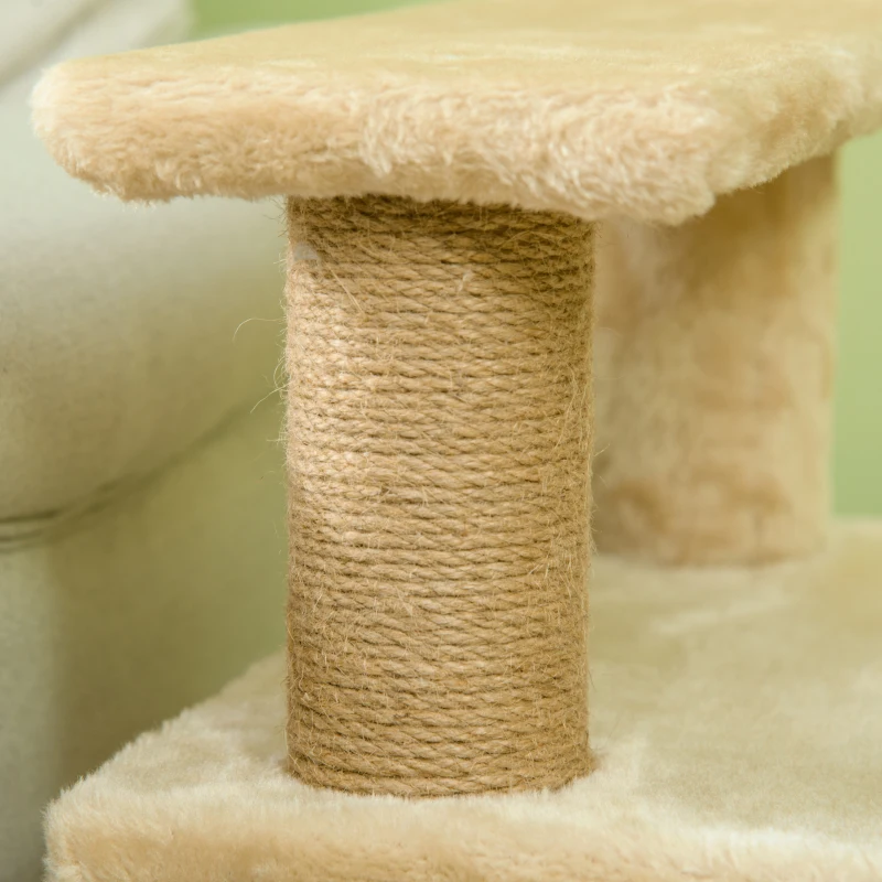 PawHut Adjustable Height 3 Step/4 Step Cat Stairs w/ Jute Cat Scratching Post, Cat Condo, Toy Ball, for Bed, Sofa, Couch, Beige