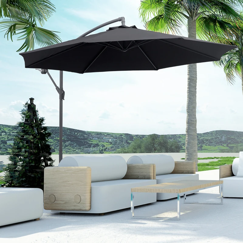 Outsunny 10' Deluxe Patio Umbrella Outdoor Market Parasol Banana Hanging Offset Sunshade Crank Cross Base Black
