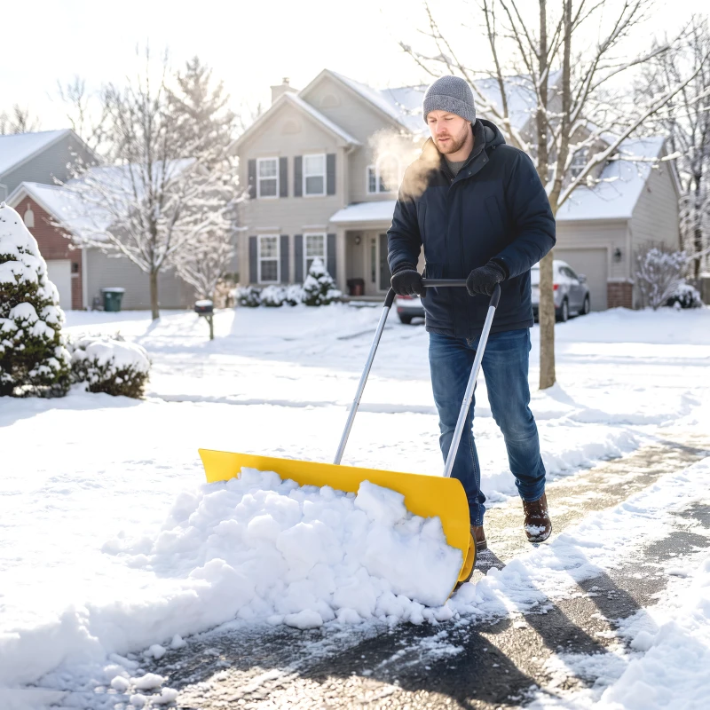 Outsunny 37-Inch Extra Wide Snow Shovel with Wheels, Heavy Duty Aluminum Snow Pusher with Ergonomic Adjustable Handle, Yellow