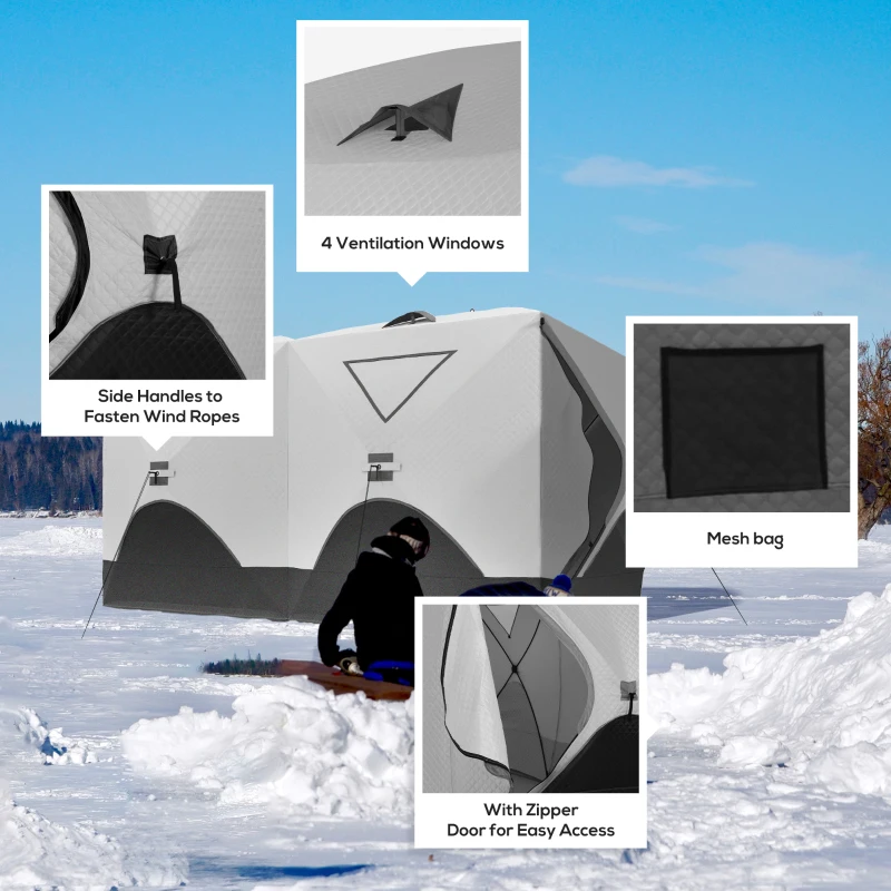 Outsunny 5-8 Person Ice Fishing Shelter, Pop-Up Ice Shanty Tent, Insulated Portable Tent with 2 Doors & Carrying Bag, Light Gray