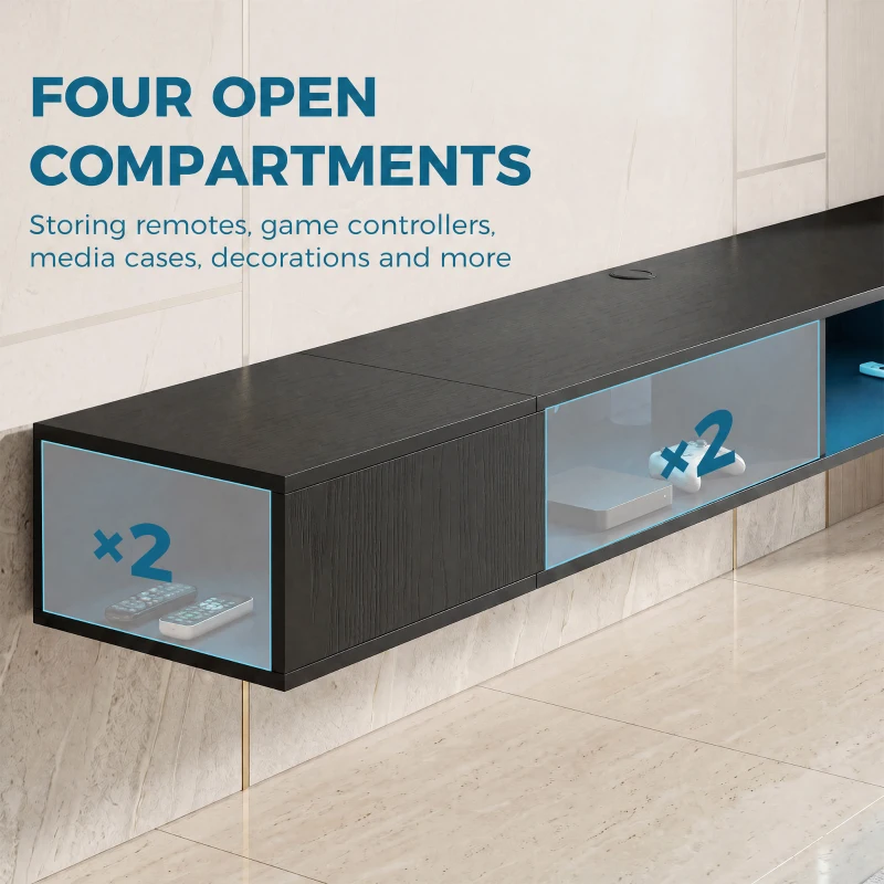 HOMCOM TV Stand with RGB LED Lights, Entertainment Center with Open Shelves for 75 Inch TV, Black Wood Grain