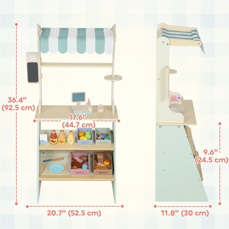 Qaba Kids Grocery Store Playset, Supermarket Toy Set with Cash Register, Chalkboard and Toy Food for Toddler Boys Girls 3+