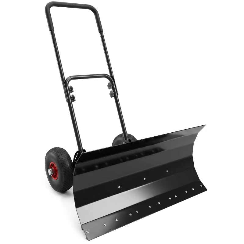 Outsunny Snow Shovel with Wheels, 29" x 16.5" Metal Snow Pusher with Adjustable Handle, 5-Angle Blade for Driveway, Black
