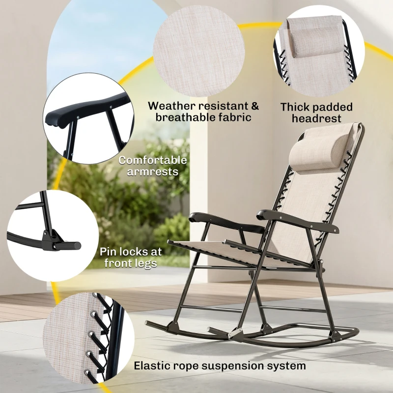 Outsunny 3pc Patio Rocking Chair Set, Folding Outdoor Rocking Chairs and Table Bistro Set w/ Breathable Mesh Seat & Backrest, Headrest for Park, Backyard, Garden, Cream White