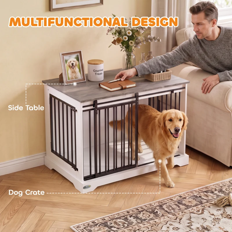 PawHut 100 cm Dog Crate Furniture with Sliding Barn Door for Large Breeds, White