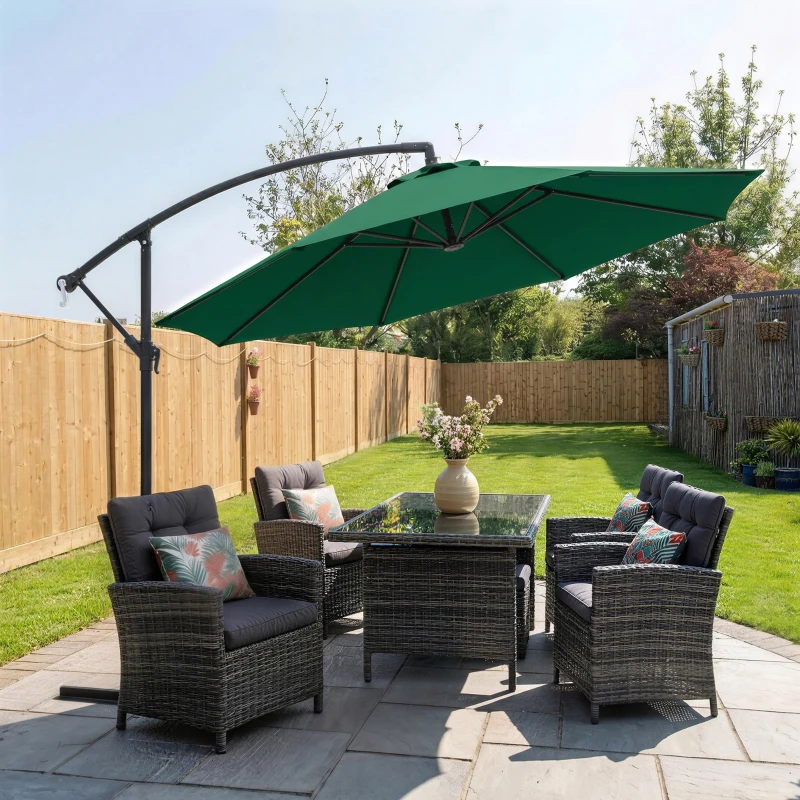Outsunny 10' Deluxe Patio Umbrella, Outdoor Market Parasol, Banana Hanging Offset Sunshade with Crank, Cross Base, Dark Green