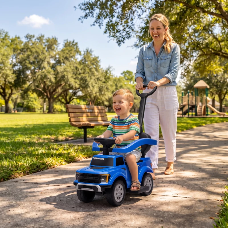 Qaba 3 In 1 Licensed Ford Kids Push Car with Push Handle, Horn, Sound, Secure Bar, Storage, for Toddlers 18-36 Months, Blue