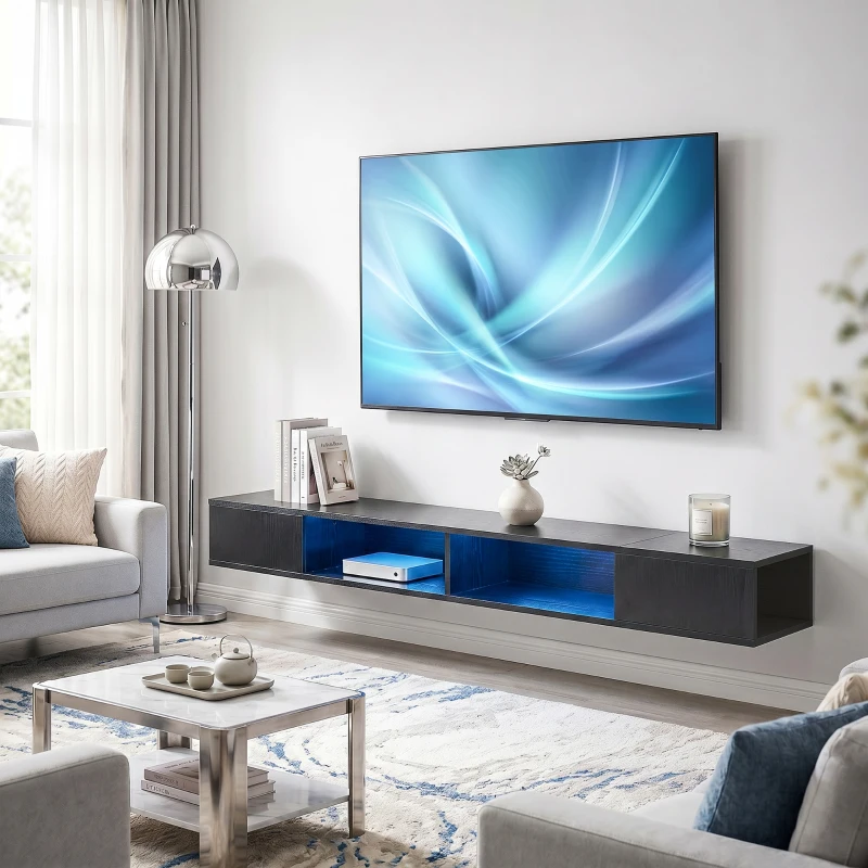 HOMCOM TV Stand with RGB LED Lights, Entertainment Center with Open Shelves for 75 Inch TV, Black Wood Grain