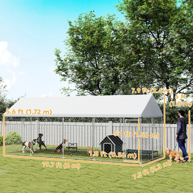 PawHut Heavy Duty Outdoor Dog Kennel with Waterproof Roof, Secure Latch, Chain Link Dog Run for Backyard, 19.7' x 7.5' x 7.9'