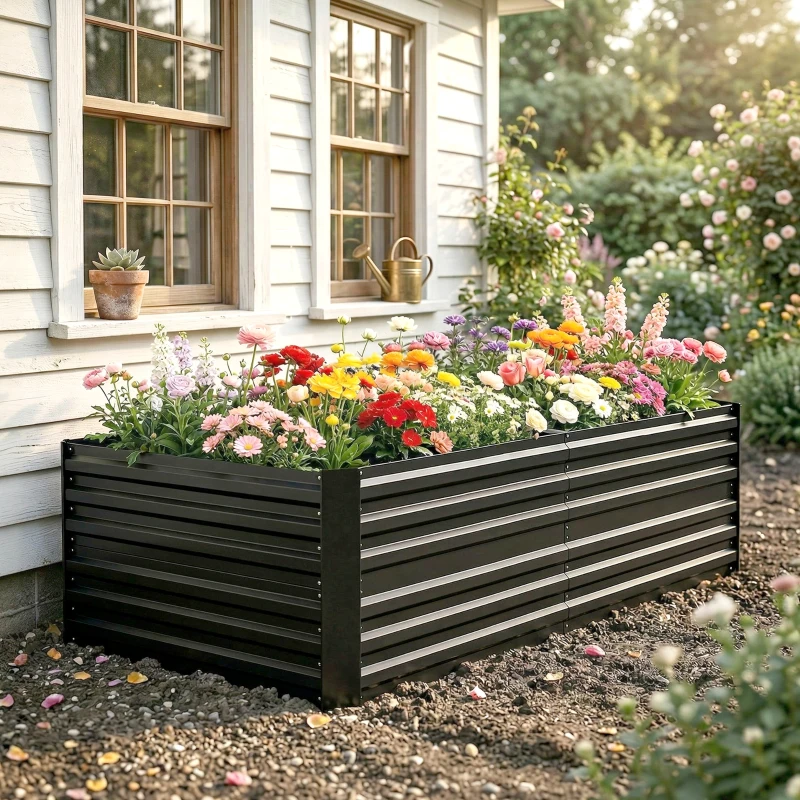 Outsunny Galvanized Raised Garden Bed, Steel Outdoor Planters with Reinforced Rods, 71" x 36" x 23", Black