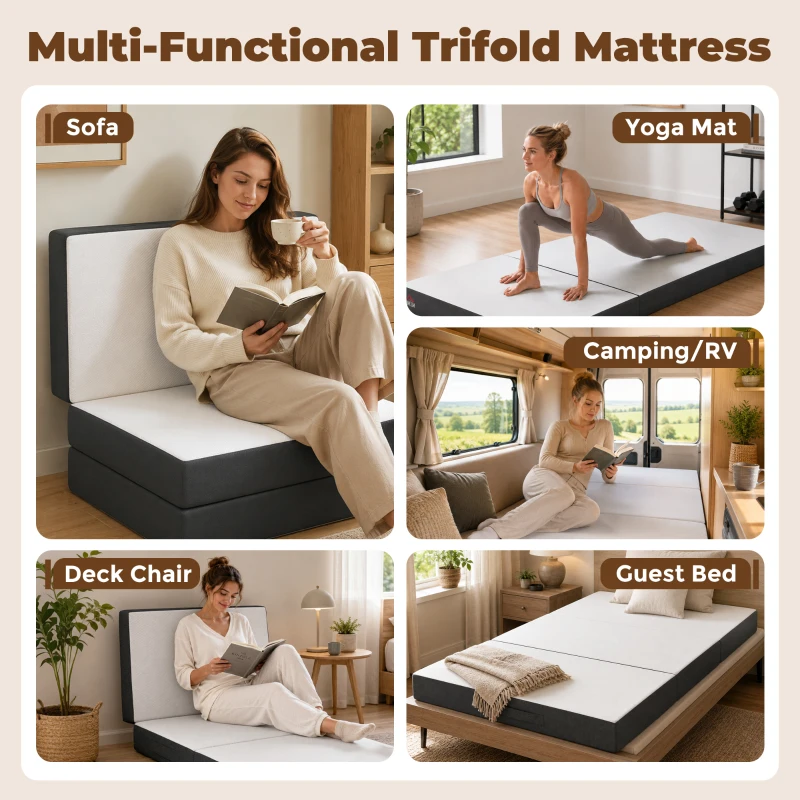 HOMCOM Trifold Mattress, 6 Inch Memory Foam Mattress for Guest, Camping, RV, Travel, Yoga, Made in USA, 75" x 38" x 6"