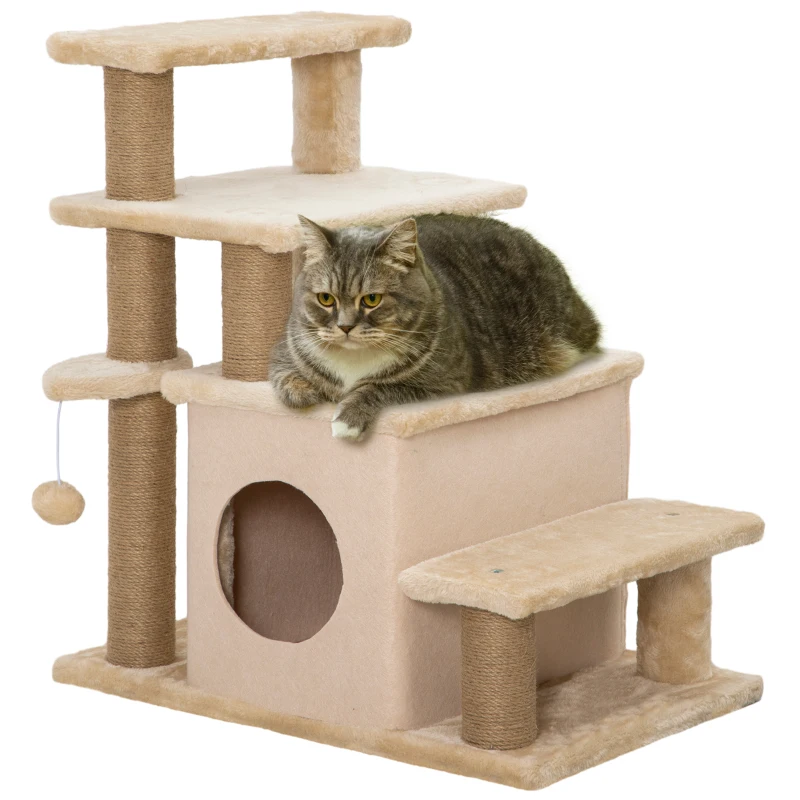 PawHut Adjustable Height 3 Step/4 Step Cat Stairs w/ Jute Cat Scratching Post, Cat Condo, Toy Ball, for Bed, Sofa, Couch, Beige