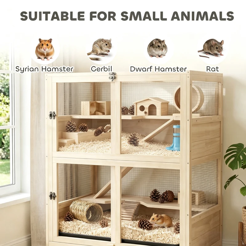 PawHut Wooden Hamster Cage, 4 Tier Small Animal Cage with Mesh Flip Roof, Pull-Out Tray, Huts, Seesaws, Ramps and Water Bottles