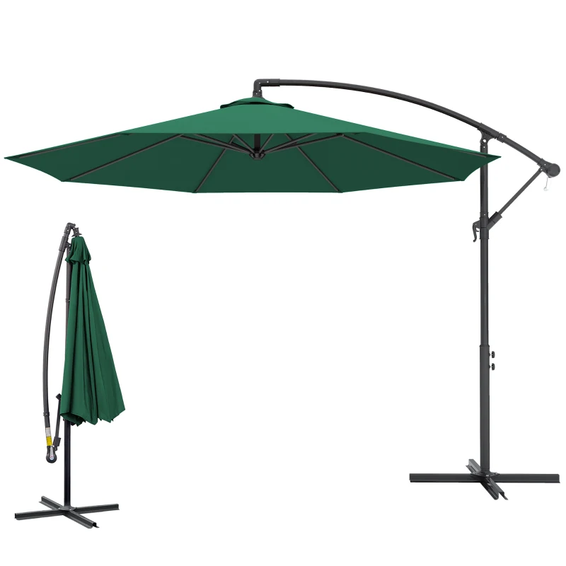 Outsunny 10' Deluxe Patio Umbrella, Outdoor Market Parasol, Banana Hanging Offset Sunshade with Crank, Cross Base, Dark Green