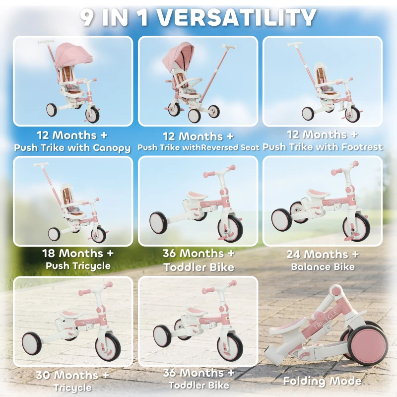 Qaba 7 in 1 Tricycle Stroller for Toddler 1-5 Years w/ Adjustable Push Handle, Rotatable Seat, Removable Canopy, Pink