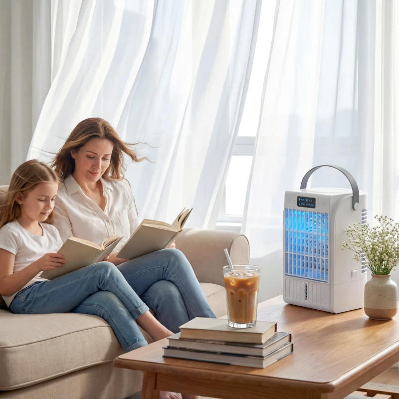 HOMCOM Evaporative Air Cooler, 4-in-1 Portable Air Conditioner with 4 Wind Speed, 2 Mist Mode, RGB 7 LED Light