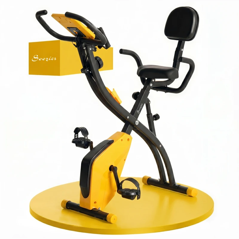 Soozier 3 in 1 Folding Exercise Bike, Foldable Stationary Bike with 8-Level Magnetic Resistance, Adjustable Seat, Yellow