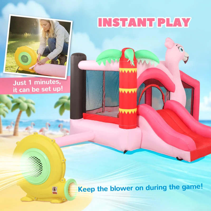 Qaba Inflatable Bounce House with Ball Pool, Basketball Hoop, Jumping Bouncy Castle with Blower for Indoor Outdoor, Pink