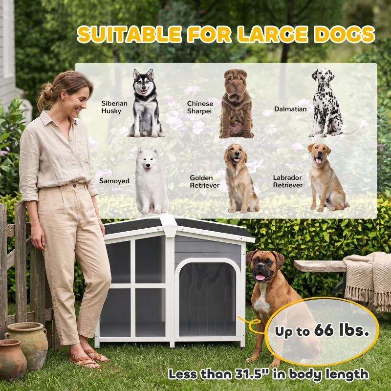 PawHut Cabin-Style Wooden Dog House for Large Dogs with Openable Roof & Giant Window,Gray