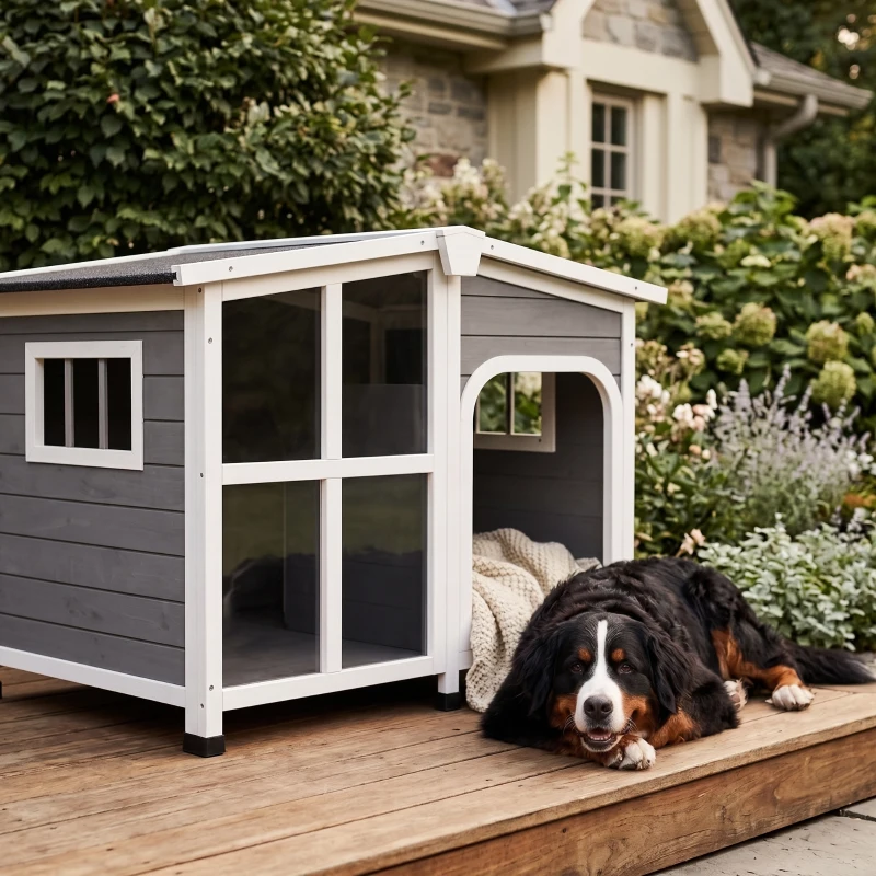 PawHut Cabin-Style Wooden Dog House for Large Dogs with Openable Roof & Giant Window,Gray