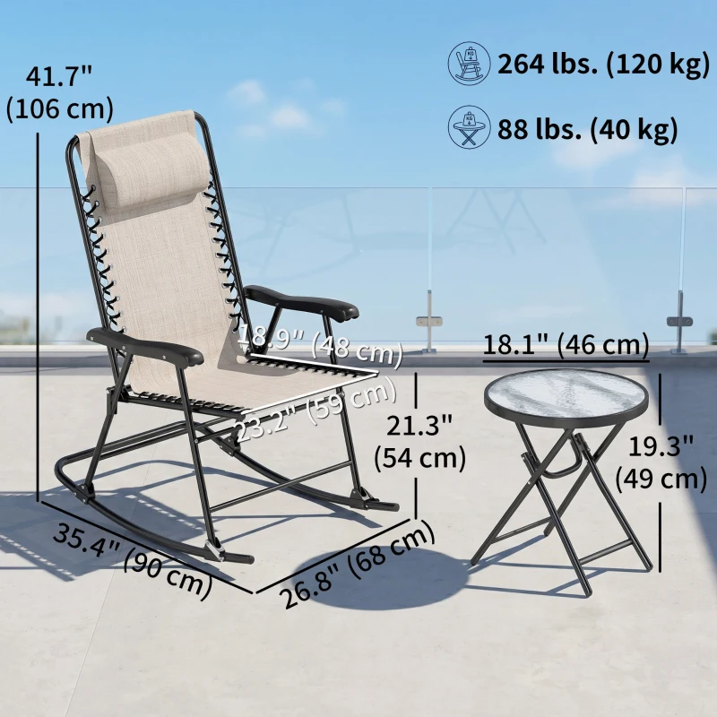 Outsunny 3pc Patio Rocking Chair Set, Folding Outdoor Rocking Chairs and Table Bistro Set w/ Breathable Mesh Seat & Backrest, Headrest for Park, Backyard, Garden, Cream White