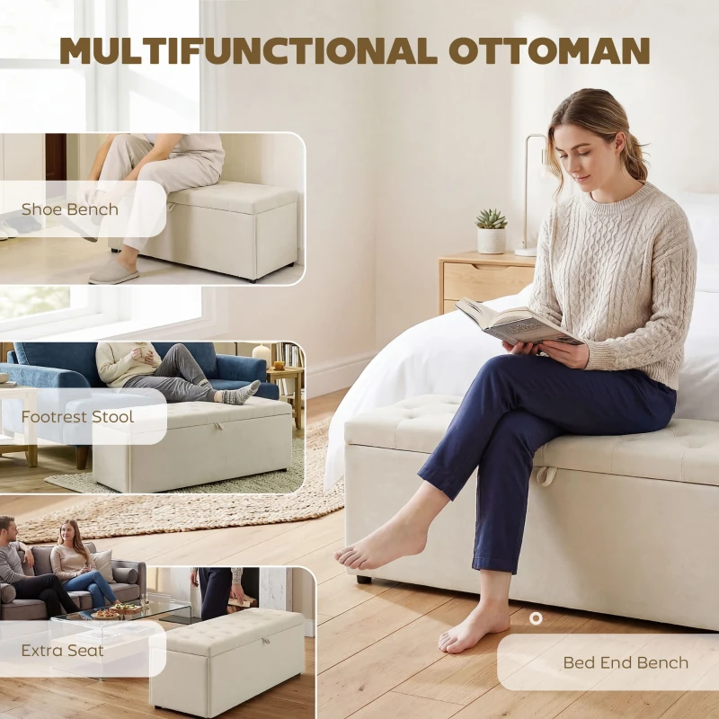 HOMCOM Storage Ottoman, Upholstered Velvet End of Bed Bench, Button Tufted Storage Bench for Bedroom, Living Room, Beige