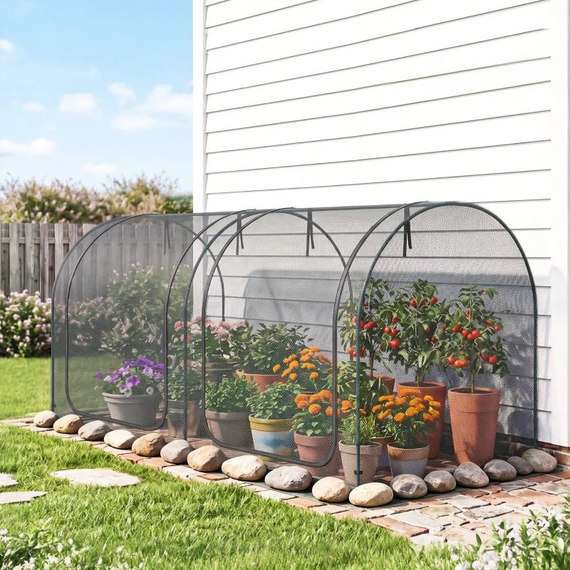 Outsunny 8' x 4' Crop Cage, Garden Plant Protector, with 2 Zippered Doors and 6 Ground Stakes, for Garden, Yard, Lawn, Black