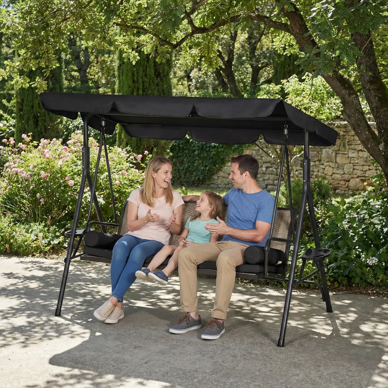 Outsunny Outdoor 3-Seat Porch Swing with Canopy, Rattan Seat, Removable Cushion, Pillows and Steel Frame