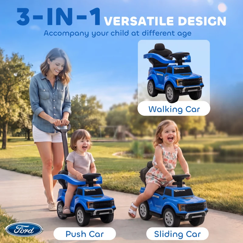 Qaba 3 In 1 Licensed Ford Kids Push Car with Push Handle, Horn, Sound, Secure Bar, Storage, for Toddlers 18-36 Months, Blue