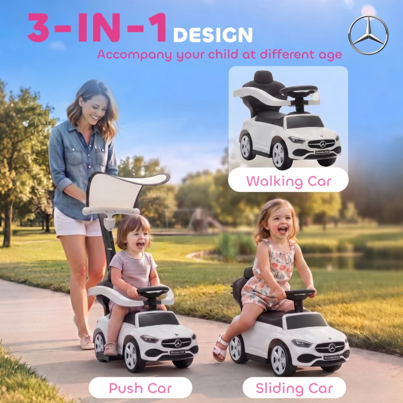 Qaba 3 in 1 Toddler Push Car Licensed Benz with Push Handle, Guardrails, Canopy, Horn, Music, Storage for 18-36 Months, White