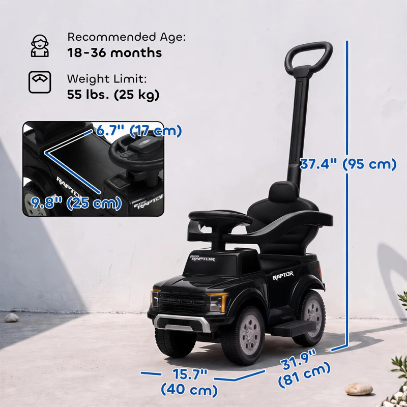 Qaba 3 In 1 Licensed Ford Kids Push Car with Push Handle, Horn, Sound, Secure Bar, Storage, for Toddlers 18-36 Months, Black