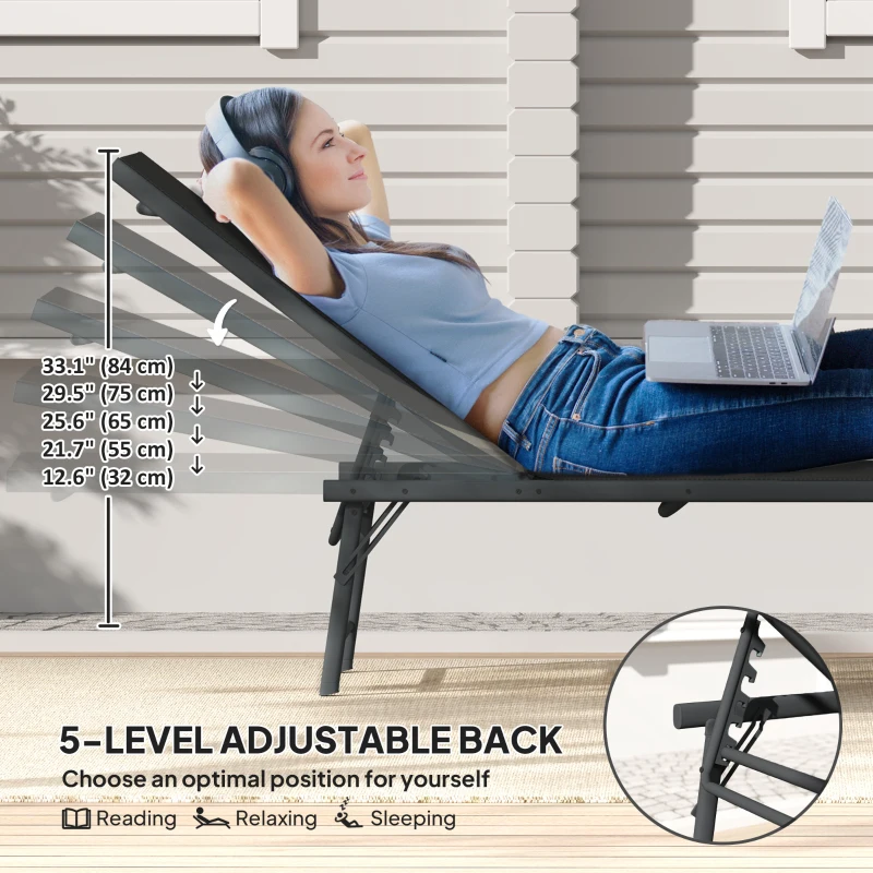 Outsunny 2 Pieces Folding Outdoor Lounge Chairs, Reclining Chaise Lounge Tanning Chair w/ Adjustable Back, Mesh Seat, Black