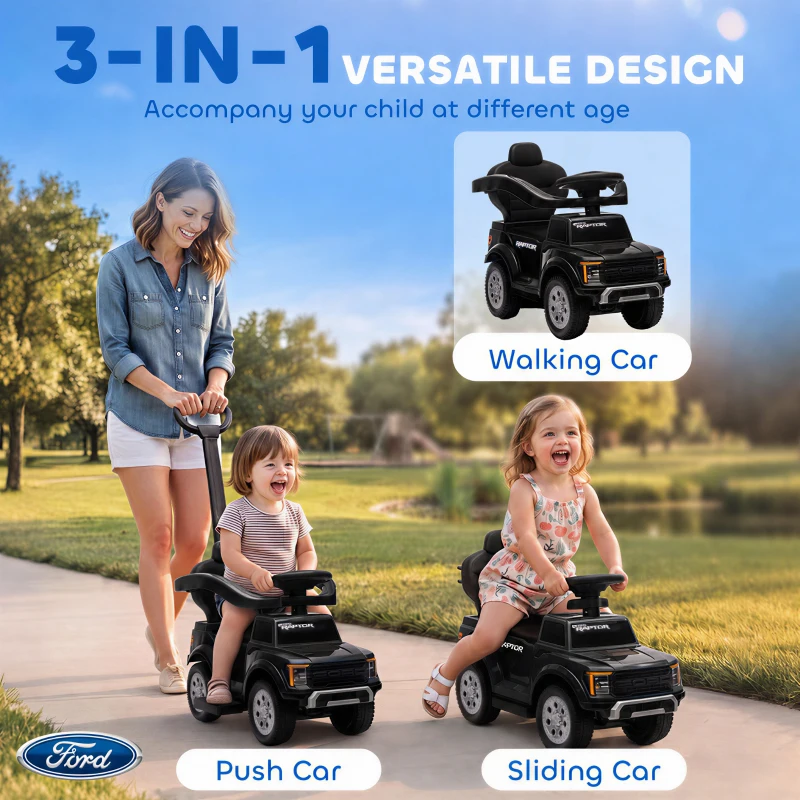 Qaba 3 In 1 Licensed Ford Kids Push Car with Push Handle, Horn, Sound, Secure Bar, Storage, for Toddlers 18-36 Months, Black