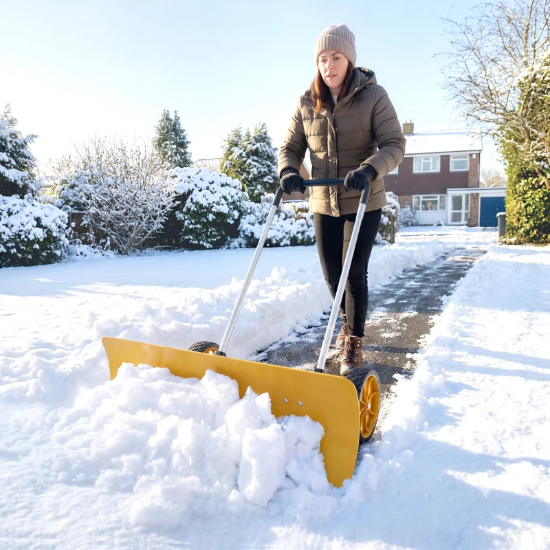 Outsunny 37-Inch Extra Wide Snow Shovel with Wheels, Heavy Duty Aluminum Snow Pusher with Ergonomic Adjustable Handle, Yellow