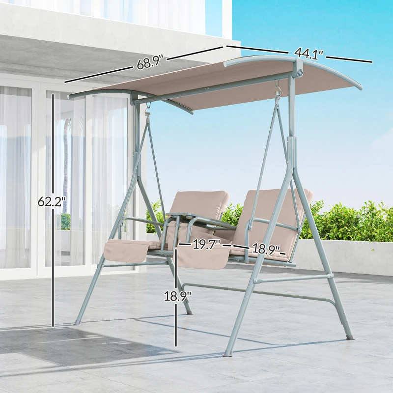 Outsunny 2-Seater Outdoor Porch Swing with Canopy and Table, Patio Swing Chair for Garden, Poolside, Backyard, Beige