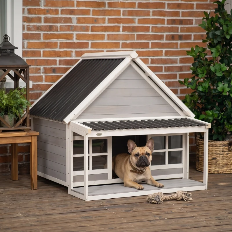 PawHut Wooden Dog House with Porch, Dog House Outdoor with Tilt Roof, Front Door, Windows for Medium Large Sized Dog