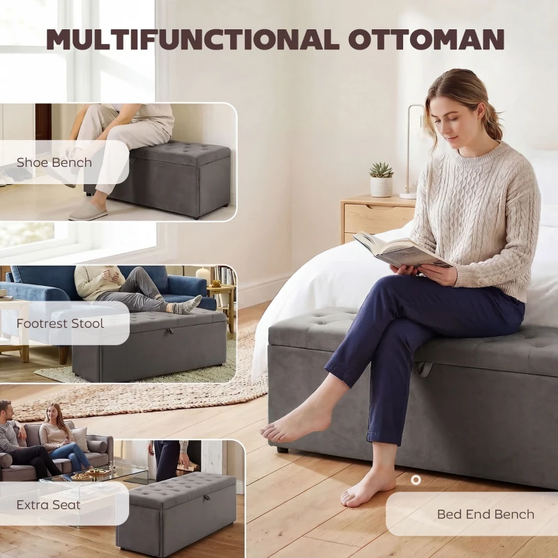 HOMCOM Storage Ottoman, Upholstered Velvet End of Bed Bench, Button Tufted Storage Bench for Bedroom, Living Room, Grey