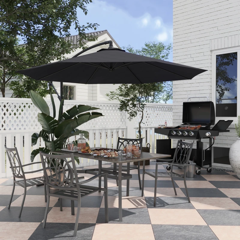 Outsunny 10' Deluxe Patio Umbrella Outdoor Market Parasol Banana Hanging Offset Sunshade Crank Cross Base Black