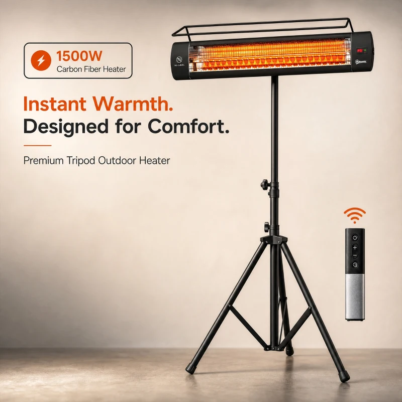 Outsunny Electric Patio Heater, 1500 W Standing IP65 Outdoor Infrared Heater with Tripod, 3 Heat Levels, 24H Timer, Black