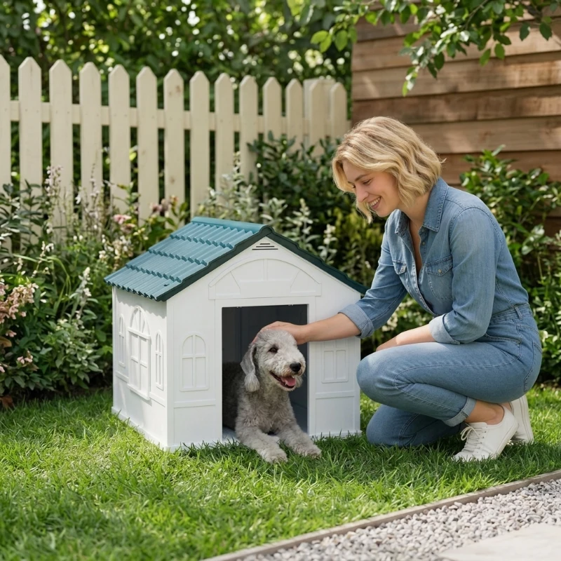 PawHut Plastic Dog House for Medium and Small Dogs, Water Resistant Puppy Shelter Indoor Outdoor with Door, Easy to Assemble, Blue