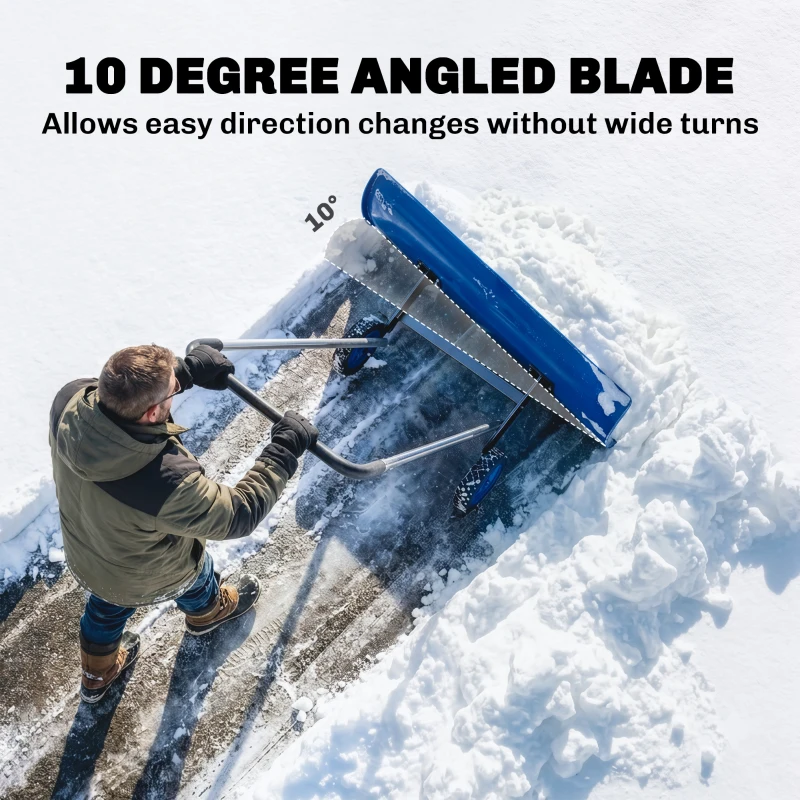Outsunny 37-Inch Extra Wide Snow Shovel with Wheels, Heavy Duty Aluminum Snow Pusher with Ergonomic Adjustable Handle, Blue