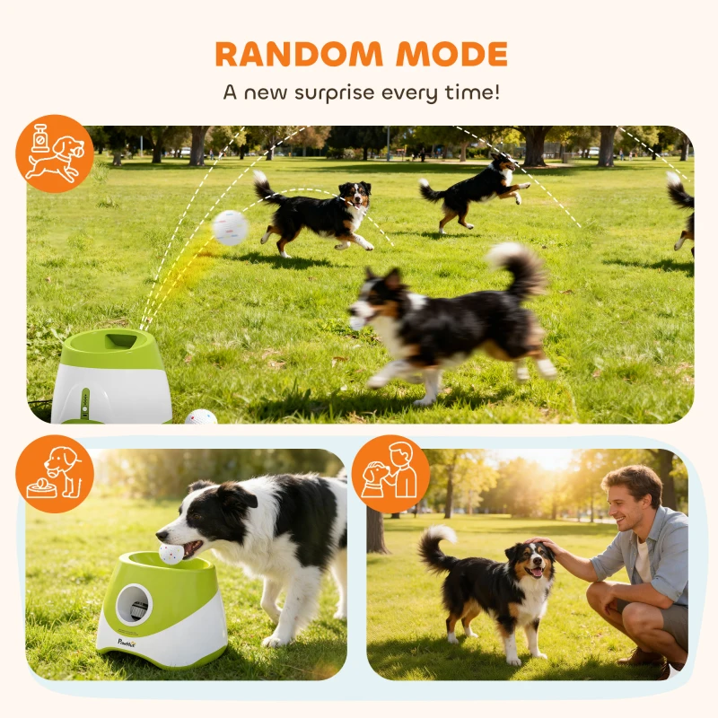 PawHut Automatic Dog Ball Launcher, Dog Ball Thrower with 5 2.3" ETPU Balls, 3 Distance Settings (20/33/46 ft) for Small Medium Pets, Green