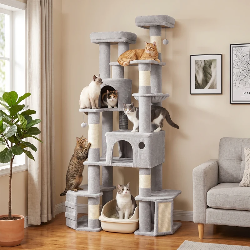 PawHut 79" Tall Cat Tree for Indoor Large Cats Adult with Split Baseboard, 2 Cat Condos, 2 Beds, 5 Sisal Scratching Posts